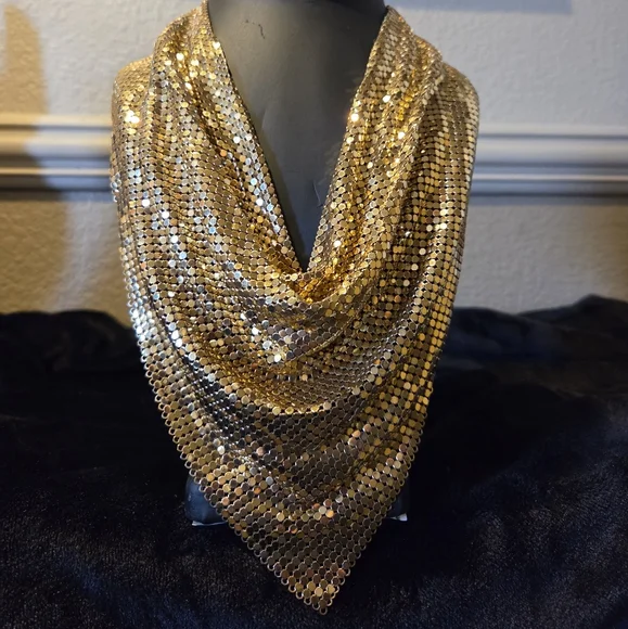 Vintage 1970's Whiting & Davis Gold Mesh Bib Scarf Necklace - Picture 2 of 8
